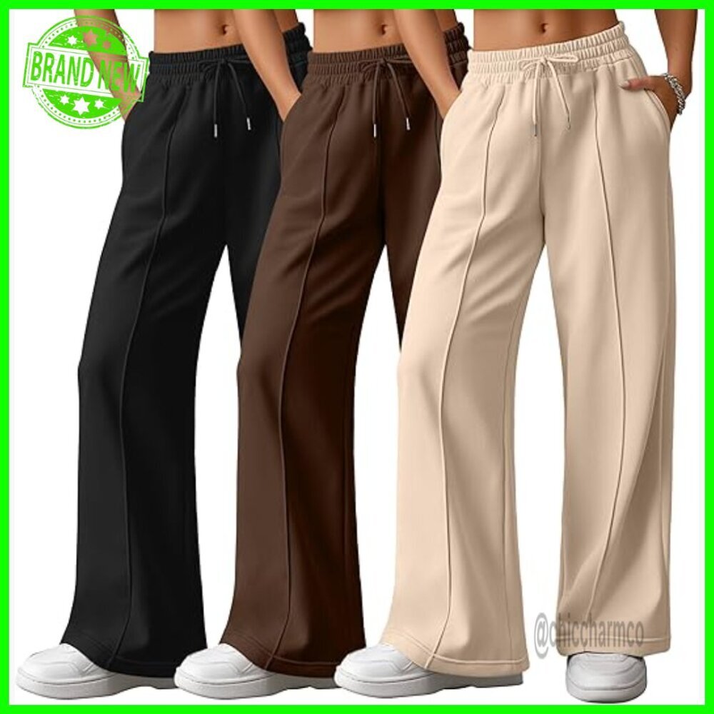 3 Pack High Waisted Wide Leg Sweatpants Drawstring Yoga Joggers with Pockets